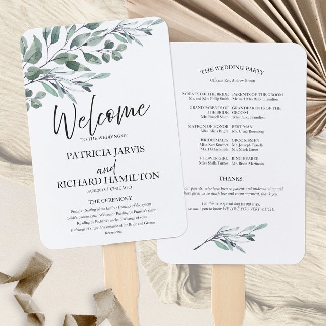 Éventail Eucalyptus Feuille Programmes de mariage vert (Créateur téléchargé)