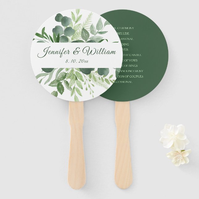 Éventail Eucalyptus Nature Green Programme Mariage Script (Devant et derrière)