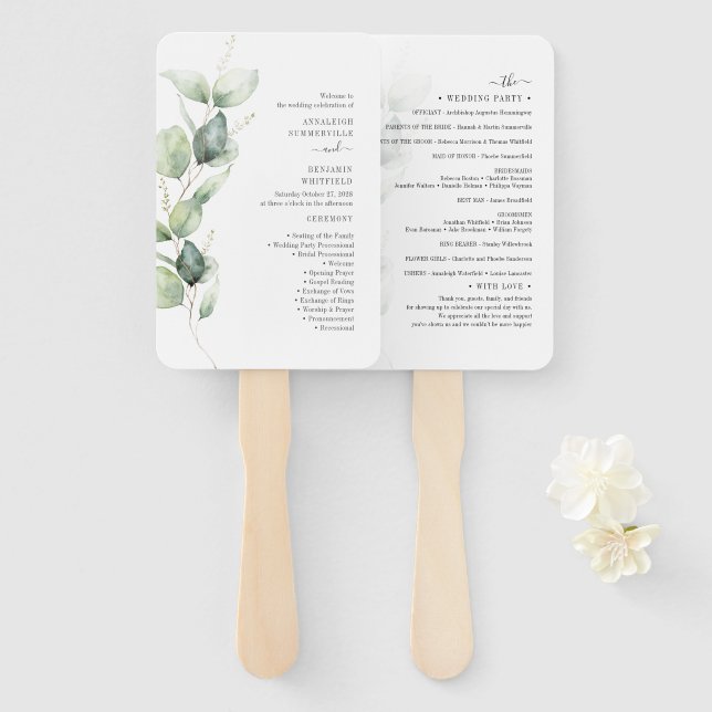 Éventail Eucalyptus Programme de Cérémonie Mariage de verdu (Devant et derrière)
