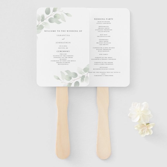 Éventail Eucalyptus Programme de mariage vert (Devant et derrière)