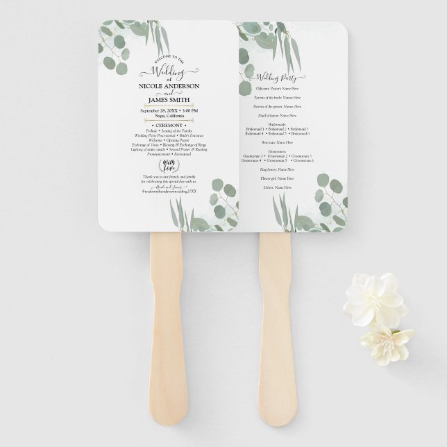 Éventail Eucalyptus Vert Moderne Chic Programme de Mariage (Devant et derrière)