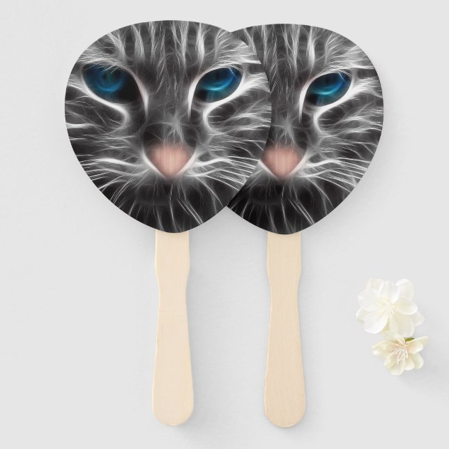 Éventail Face de chat bleu magnifique (Devant et derrière)