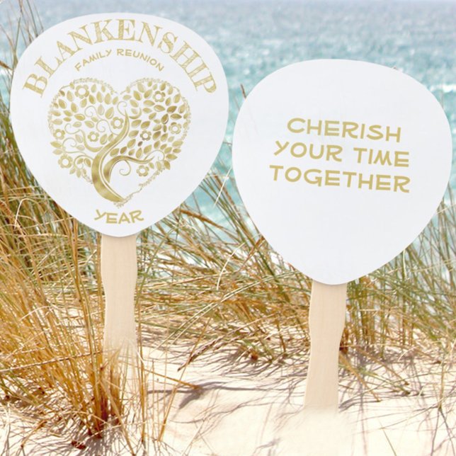 Éventail Famille personnalisée Réunion Gold Heart Arbre dou (Use these as table decor, fans or keepsake items from your next family reunion or other event.)