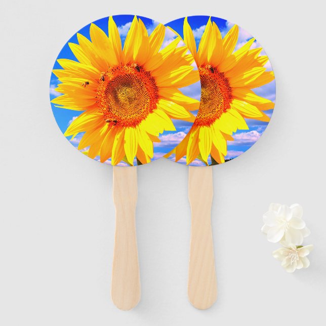 Éventail Fan à main de tournesol jaune et d'abeilles (Devant et derrière)