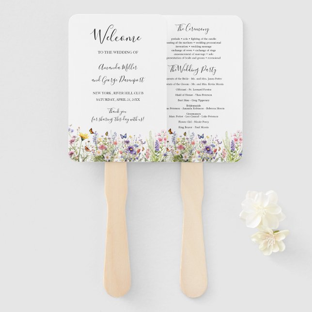 Éventail fan du programme de mariage d'été fleur sauvage (Devant et derrière)