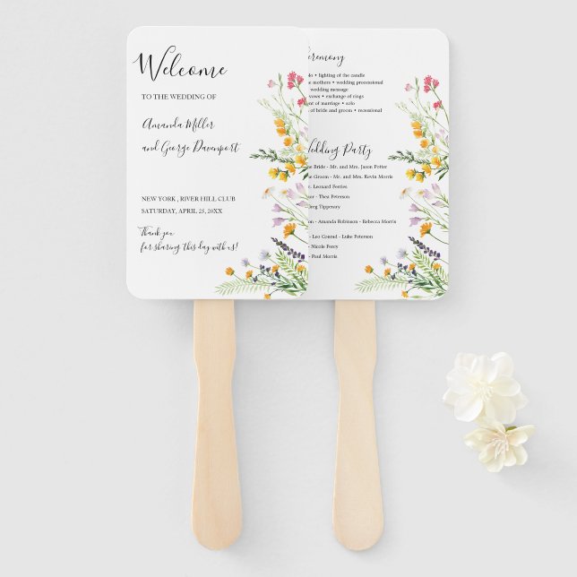 Éventail fan du programme de mariage fleur sauvage (Devant et derrière)