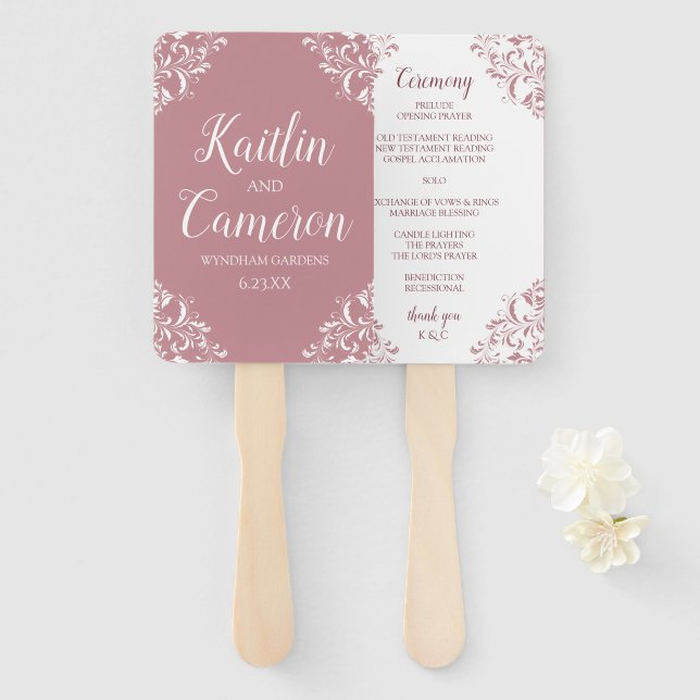 Éventail Fans de mariage élégant - Programmes Dusty Rose /  (Devant et derrière)