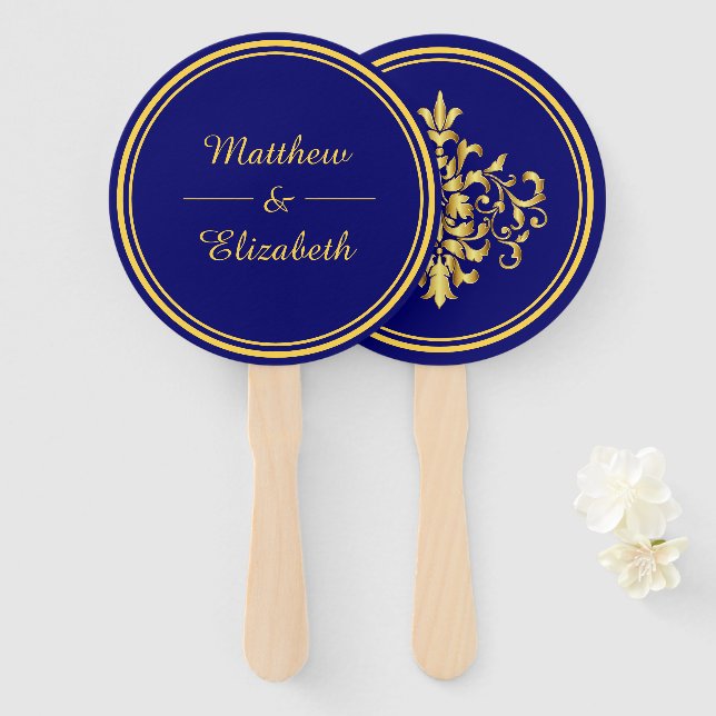 Éventail Faux Gold Foil Damask Royal Blue Mariage (Devant et derrière)
