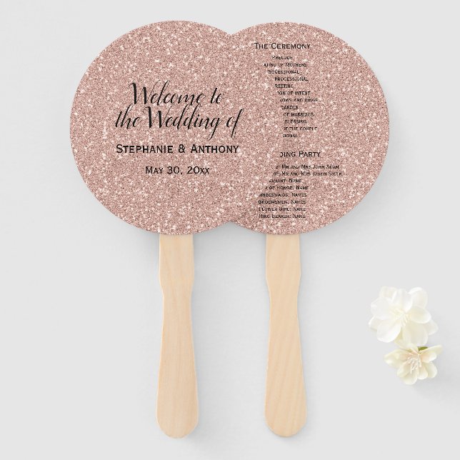 Éventail Faux Rose Gold Parties scintillant Mariage Bienven (Devant et derrière)