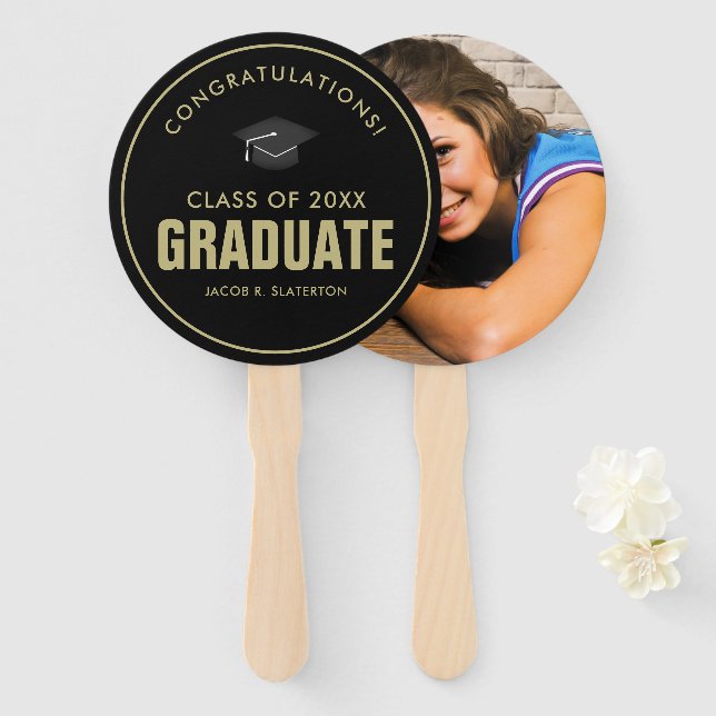Éventail Félicitations aux diplômés Noir et Or Photo (Devant et derrière)