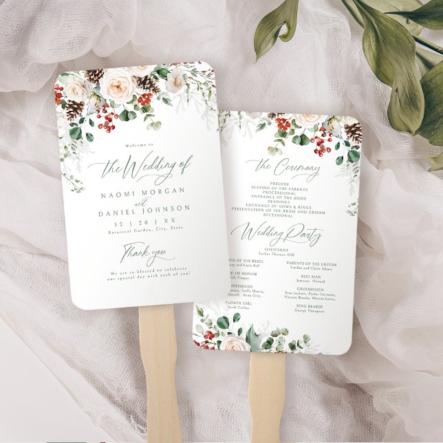 Éventail Festive Floral Holiday Winter Wedding Program (Festive Floral Holiday Winter Wedding Program Hand Fan)