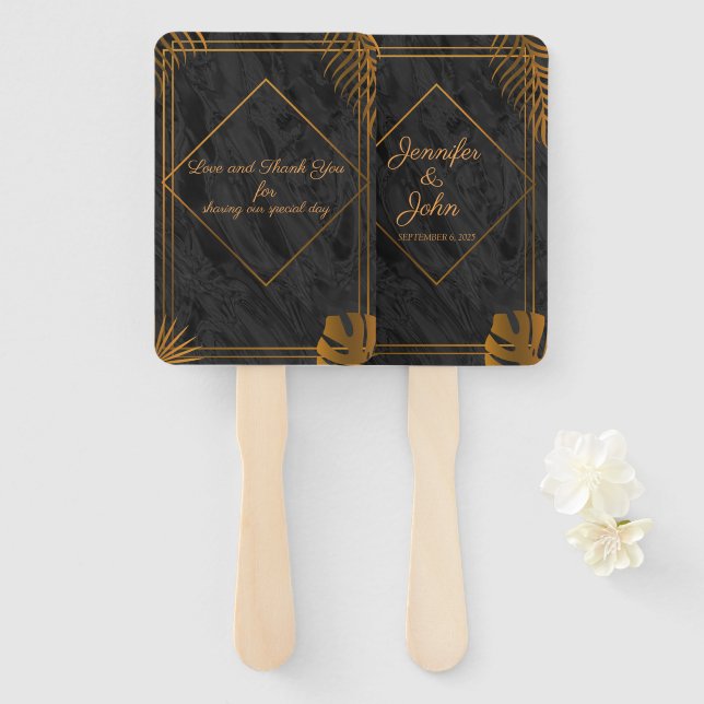 Éventail Feuilles or et cadre géométrique Mariage tropical (Devant et derrière)