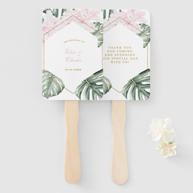 Éventail Feuilles tropicaux rose Floral Mariage Merci (Devant et derrière)
