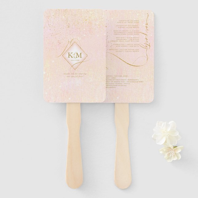 Éventail Fine Lines Gold Abstrait Mariage V1 Blush ID867 (Devant et derrière)