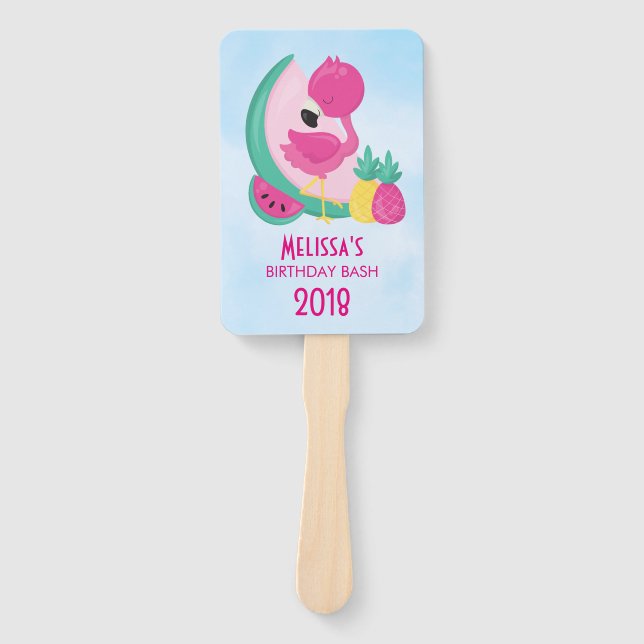 Éventail Flamant rose rose avec pastèque et ananas (Devant)