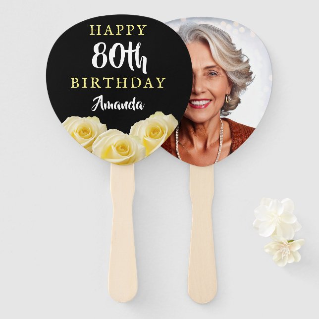 Éventail Fleur de rose jaune Floral 80e anniversaire Photo (Devant et derrière)