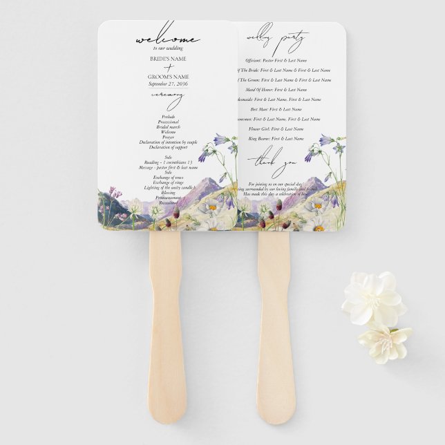 Éventail Fleur sauvage Mountain Itinéraire Wedding Programm (Devant et derrière)