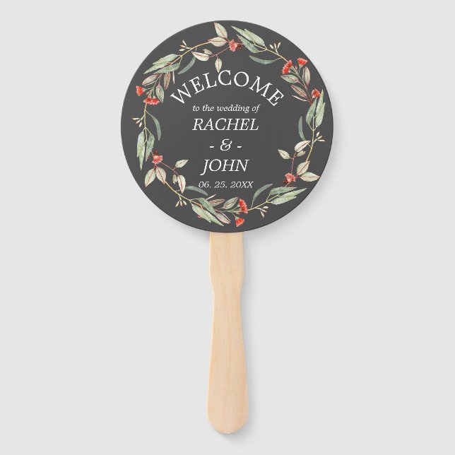 Éventail Fleurs australiennes Mariage rustique Welcome Grey (Devant)