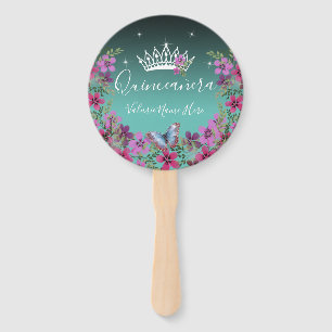 Éventail Fleurs et papillon Quinceanera bleu