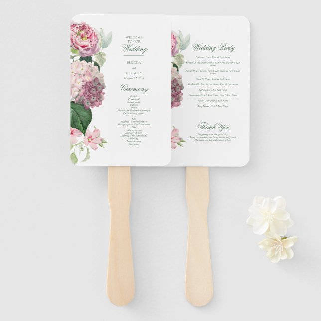 Éventail Fleurs roses romantiques Programme de mariage de j (Devant et derrière)