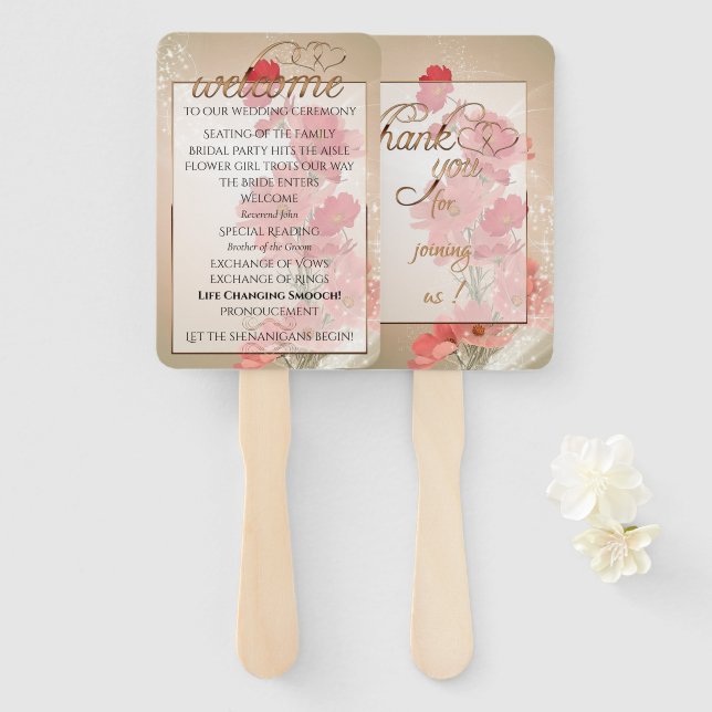 Éventail Fleurs saumons et rouges/Trim Or (Devant et derrière)