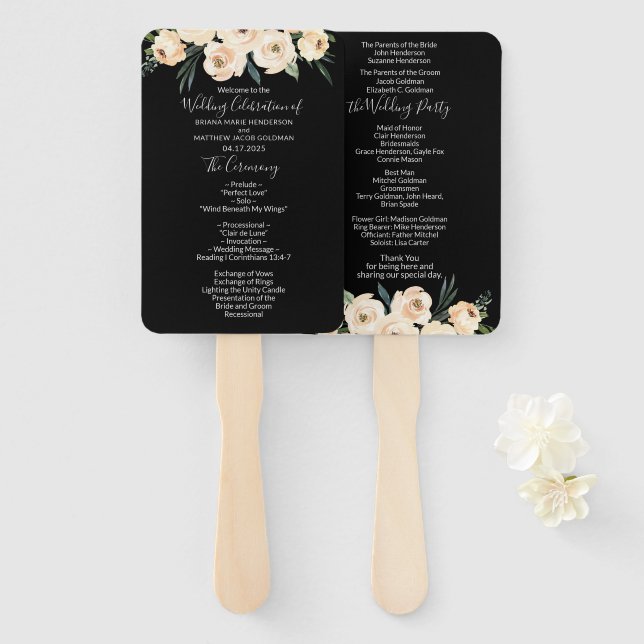 Éventail Floral Beige Blush Black Wedding Programme (Devant et derrière)