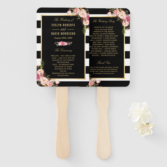 Éventail Floral Black White Stripes Classic Wedding Program (Devant et derrière)