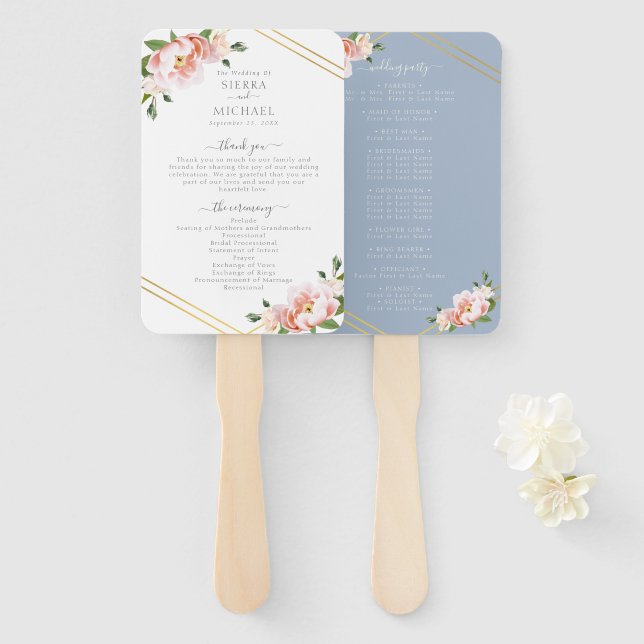 Éventail Floral Blush Gold Dusty Blue Wedding Programme (Devant et derrière)