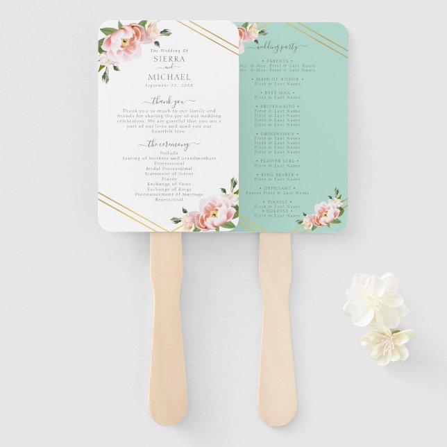 Éventail Floral Blush Gold Mint Green Wedding Programme (Devant et derrière)