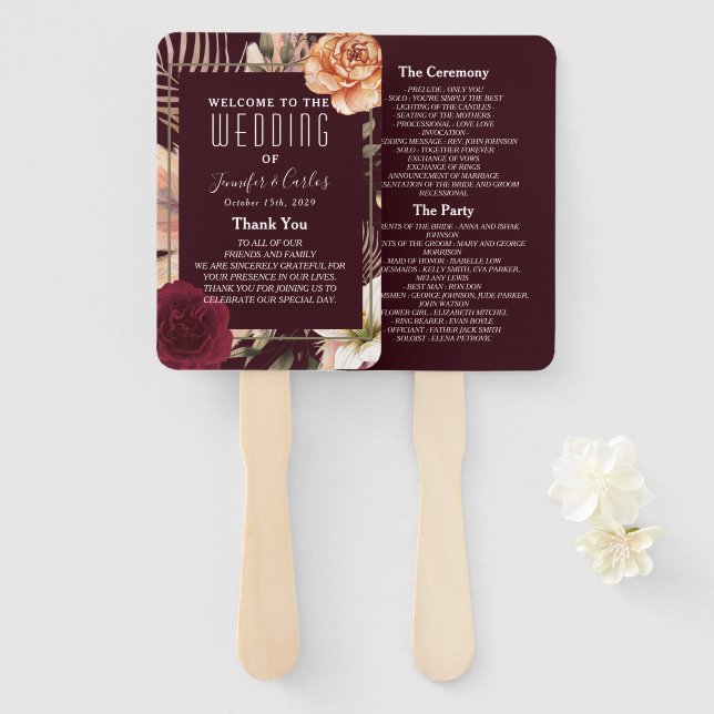 Éventail Floral Bourgogne Programme de mariage Ventilateur  (Devant et derrière)