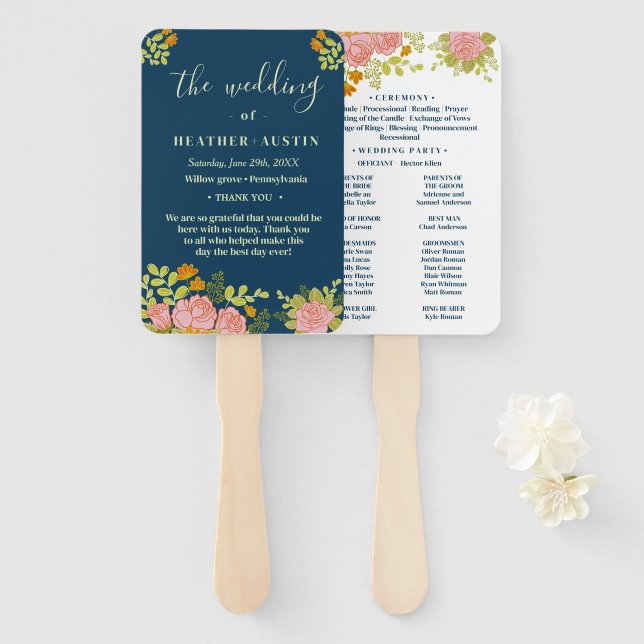 Éventail Floral Dark Navy Blue Mariage Botanique Programme (Devant et derrière)
