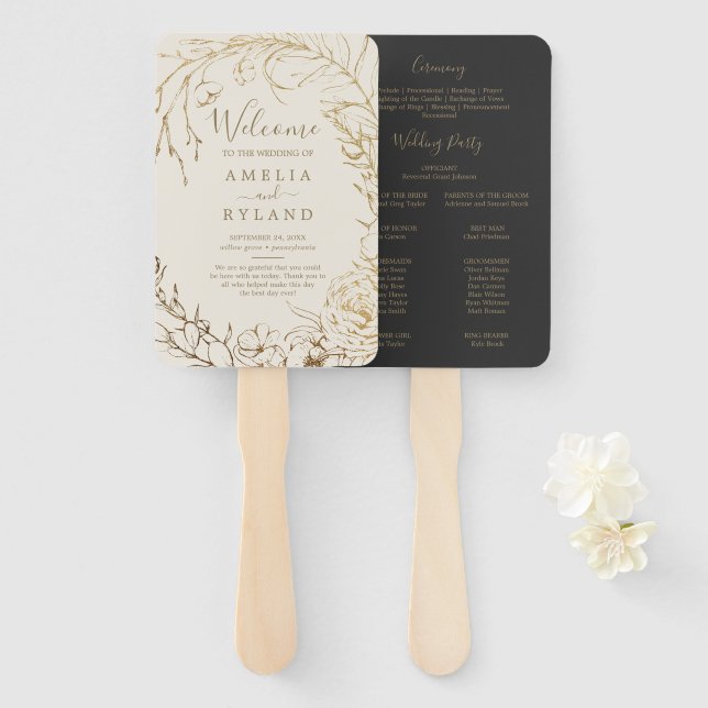 Éventail Floral doré | Ventilateur du programme de mariage  (Devant et derrière)