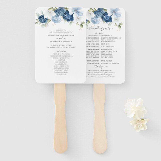 Éventail Floral Dusty Blue Eucalyptus Programme de mariage (Devant et derrière)