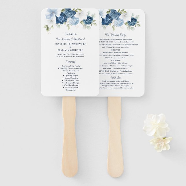 Éventail Floral Dusty Blue Script Wedding Programme (Devant et derrière)