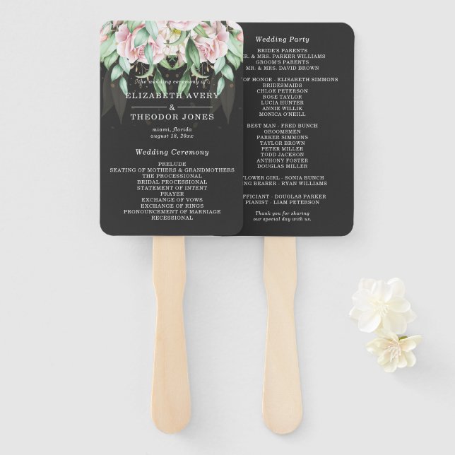 Éventail Floral Mariage de luxe noir et rose (Devant et derrière)