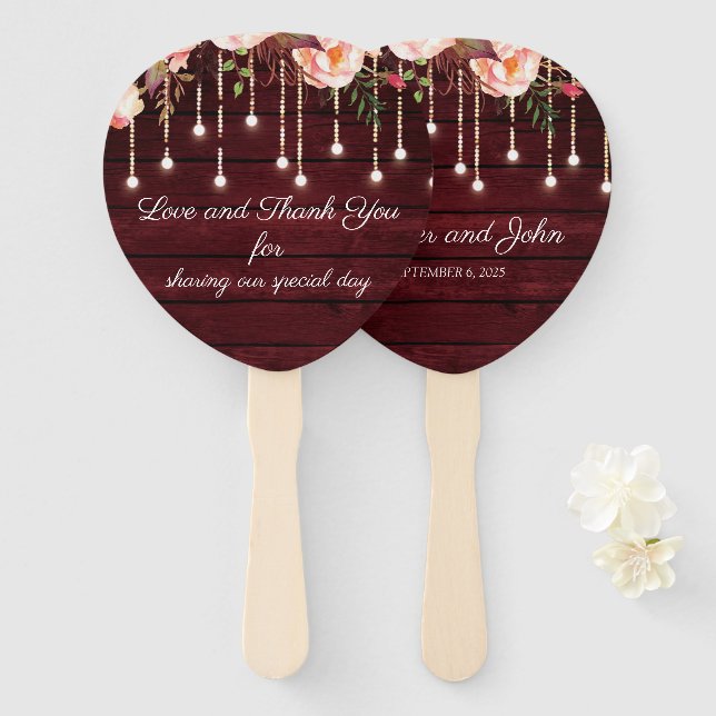 Éventail Floral Maroon en bois Mariage rustique (Devant et derrière)