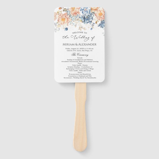 Éventail Floral Peach Blush Blue Wedding Programme (Devant)