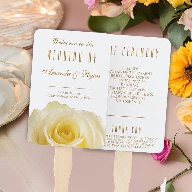 Éventail Floral Rose Golden Script White Wedding Programme (Créateur téléchargé)