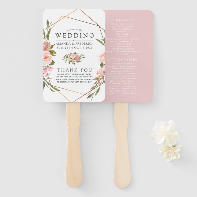 Éventail Géométrique Blush et Rose Gold Wedding Programme (Devant et derrière)