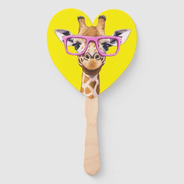 Éventail Giraffe avec lunettes roses Favors (jaune bg) (Devant)