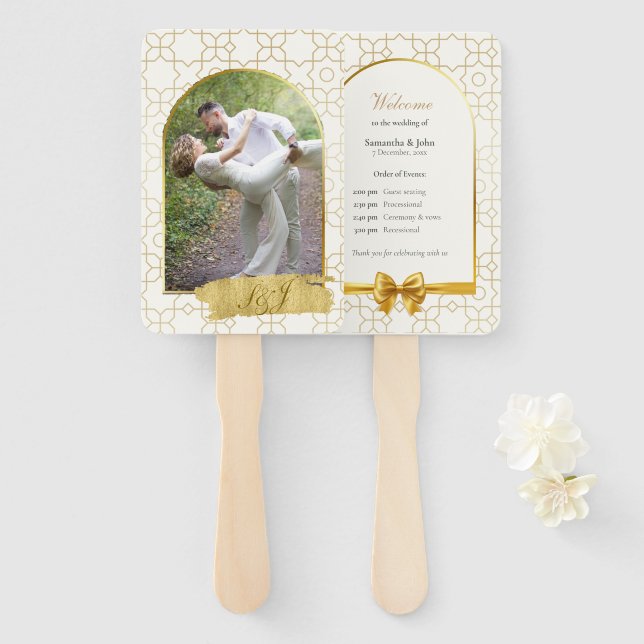 Éventail Gold Geometric Arch Wedding Ceremony Fan Program (Devant et derrière)