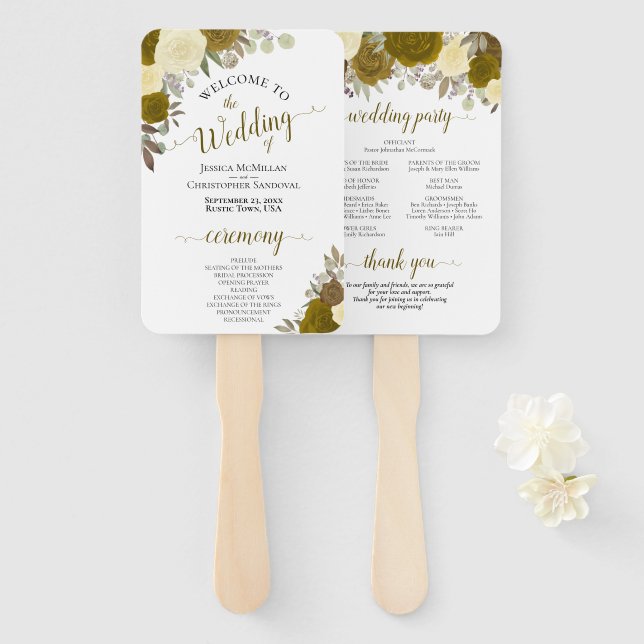 Éventail Gold & Jaune Floral Élégant programme de mariage (Devant et derrière)