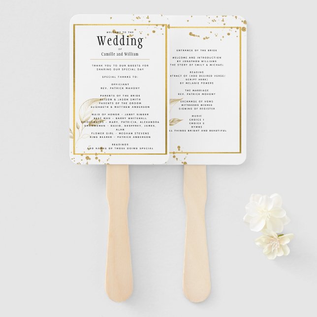 Éventail GOLD White Wedding Programme (Devant et derrière)