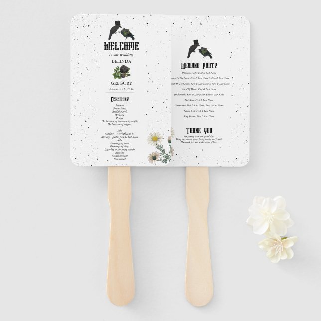 Éventail Gothique Halloween noir Rose Corbeaux Mariage (Devant et derrière)