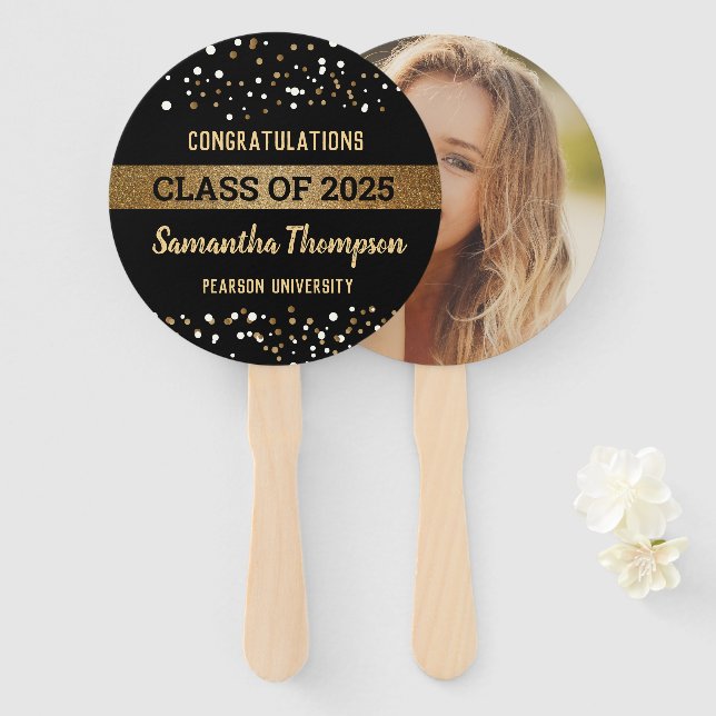 Éventail Graduate photo Classe de 2025 or noir Congrès (Devant et derrière)