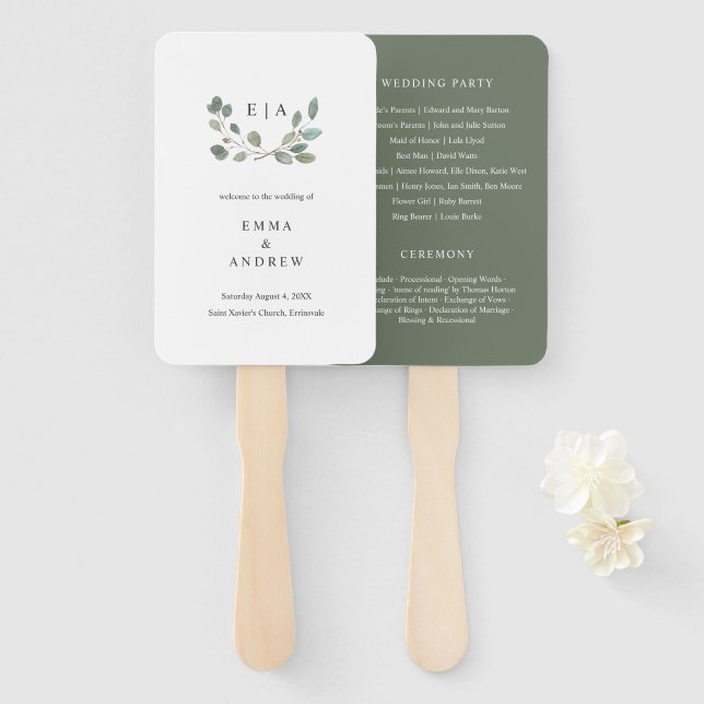 Éventail Green Eucalyptus Feuille Mariage programme de livr (Devant et derrière)