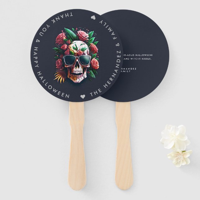 Éventail Halloween FLORAL SKULL Nom de famille Personnalisé (Devant et derrière)