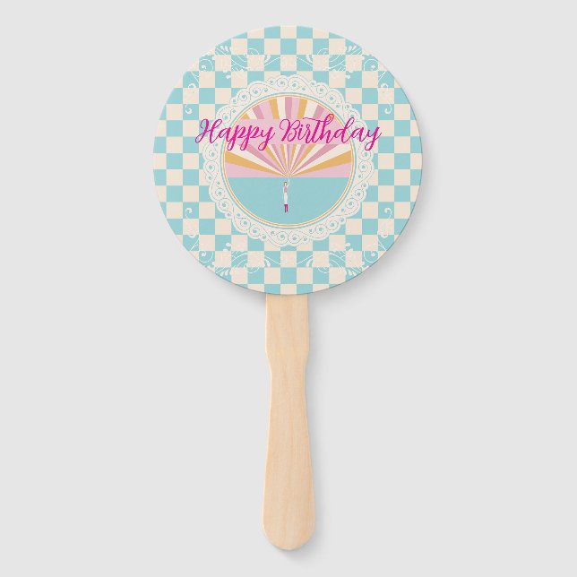 Éventail Happy Fun Blue Gingham Plaid Checkered Birthday (Devant)