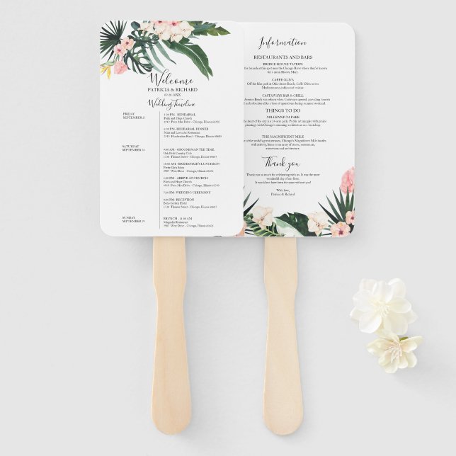 Éventail Heekend Mariage Horaire Tropical Floral (Devant et derrière)