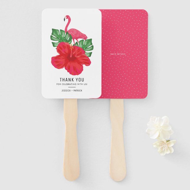 Éventail Hibiscus et ventilateur de Merci Mariage Flamant r (Devant et derrière)